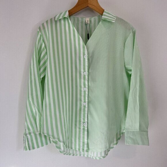 Women's Striped Button Down Shirt Size M Cropped Louse Fit Blouse Green White - Picture 16 of 16